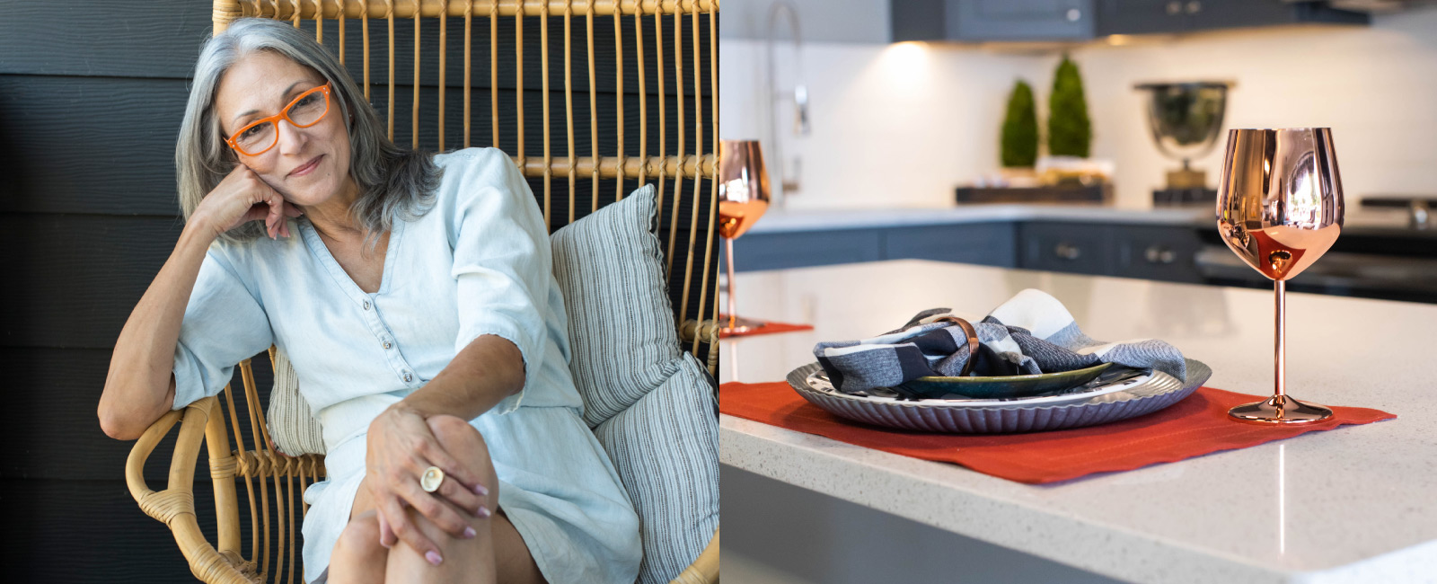 At left: woman sitting in a wicker chair. At right: close up of a place setting on a kitchen island.